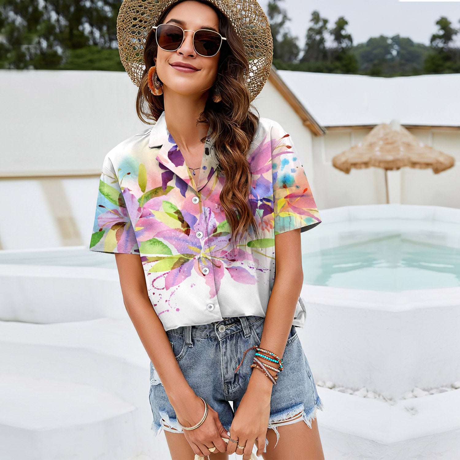 Colorful Modern Watercolor Floral Women Casual Shirt |Hawaiian Shirt | Short Sleeve Shirt
