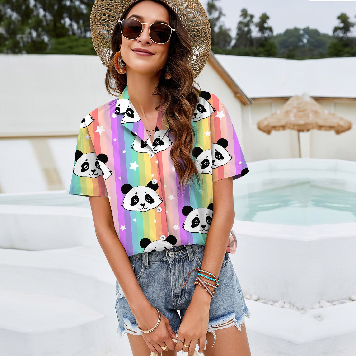 Rainbow Panda Women Casual Shirt |Hawaiian Shirt For Women | Short Sleeve Shirt | Aloha Shirt | Women Blouse, Tops